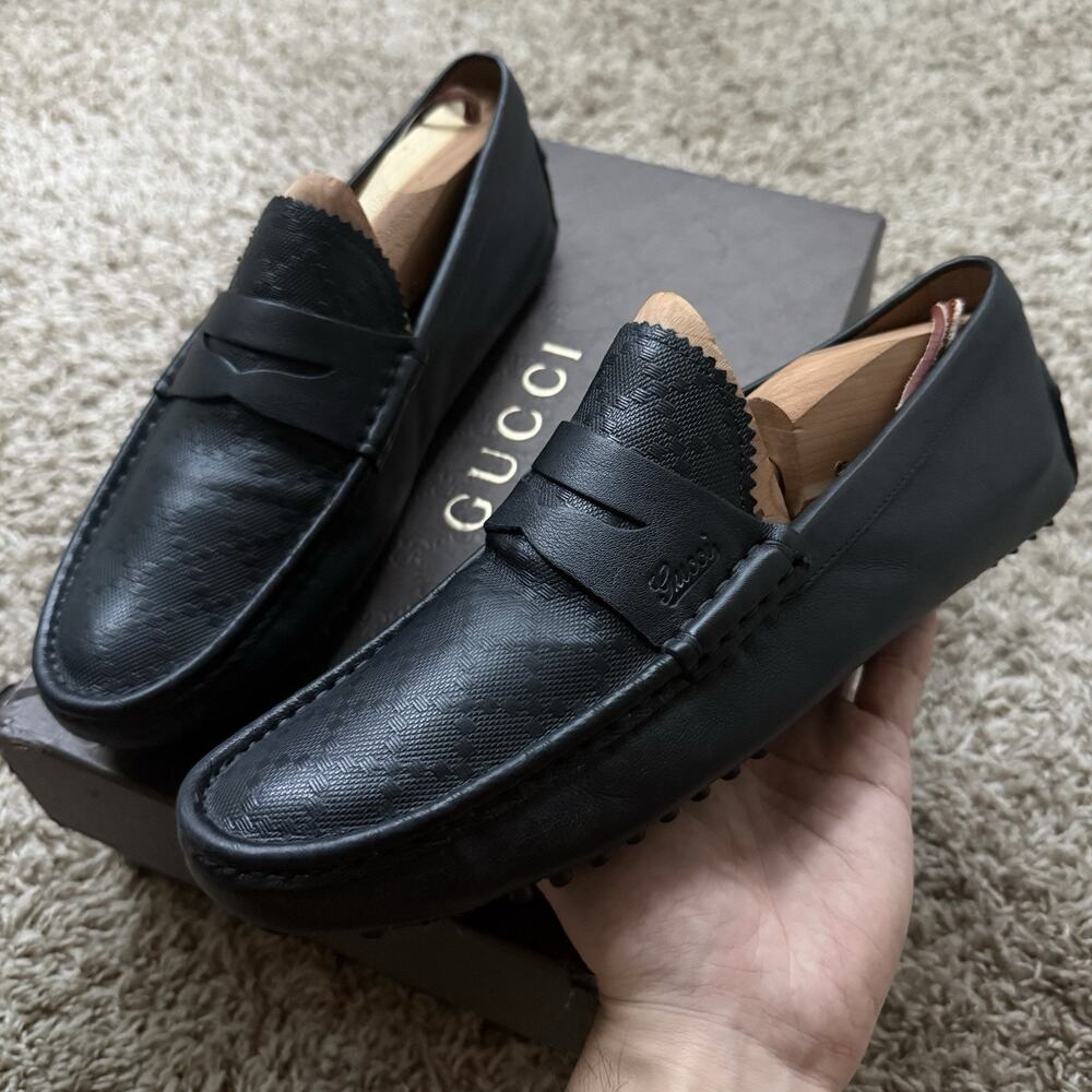 Gucci Black Leather Damo Penny Loafers Diamante Driving Shoes Men’s Size 8 G